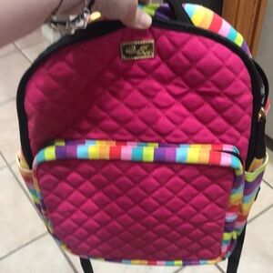 Betsey Johnson Quilted Hot Pink Backpack with Rainbow Trim